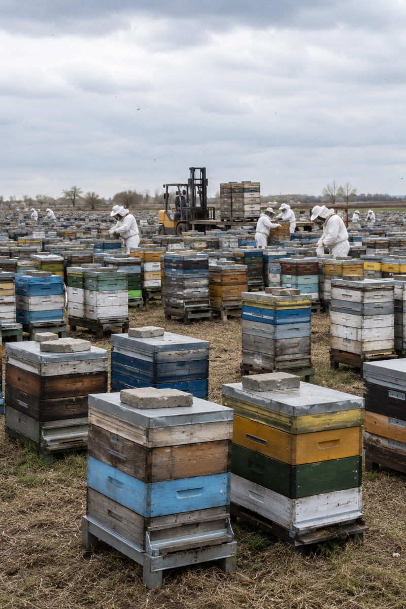 Industrielle Imkerei: hunderte gestapelte Bienenbeuten auf einem Feld, dazwischen ein Gabelstapler
