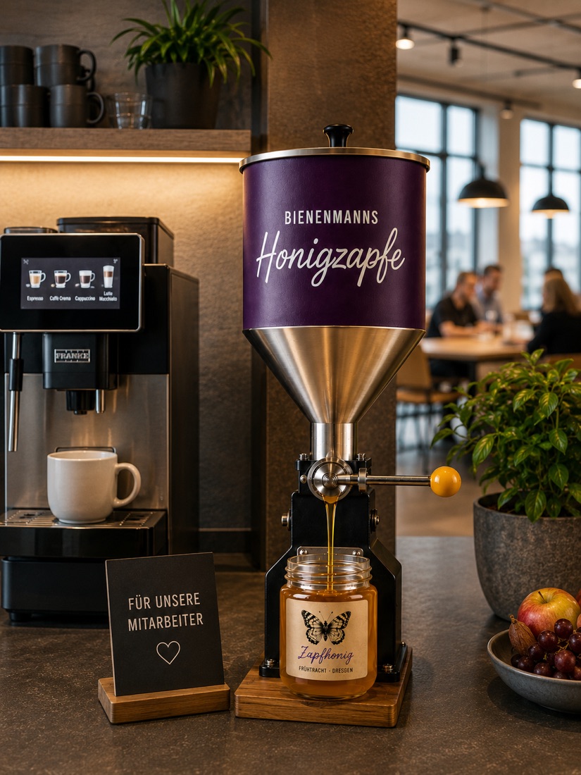 Bienenmanns Honigzapfe in der Firmenküche neben der Kaffeemaschine